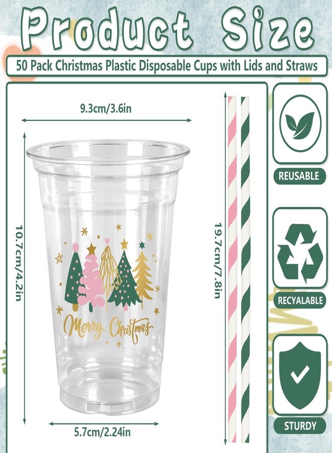 JarThenaAMCS 50Pcs Christmas Plastic Cups with Lids Straws Boho Xmas Tree Drinking Cup 12oz Pink Green Gold Holiday Disposable Cups for Xmas Winter Baby Shower Family Gatherings Decorations Supplies - Image 2